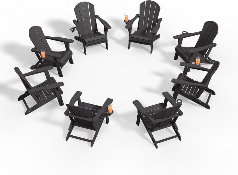 Folding Adirondack Chair Set of 8, HDPE All-Weather Patio Chairs for Outdoor, Patio, Lawn, Garden, Backyard Deck, Fire Pit - Black