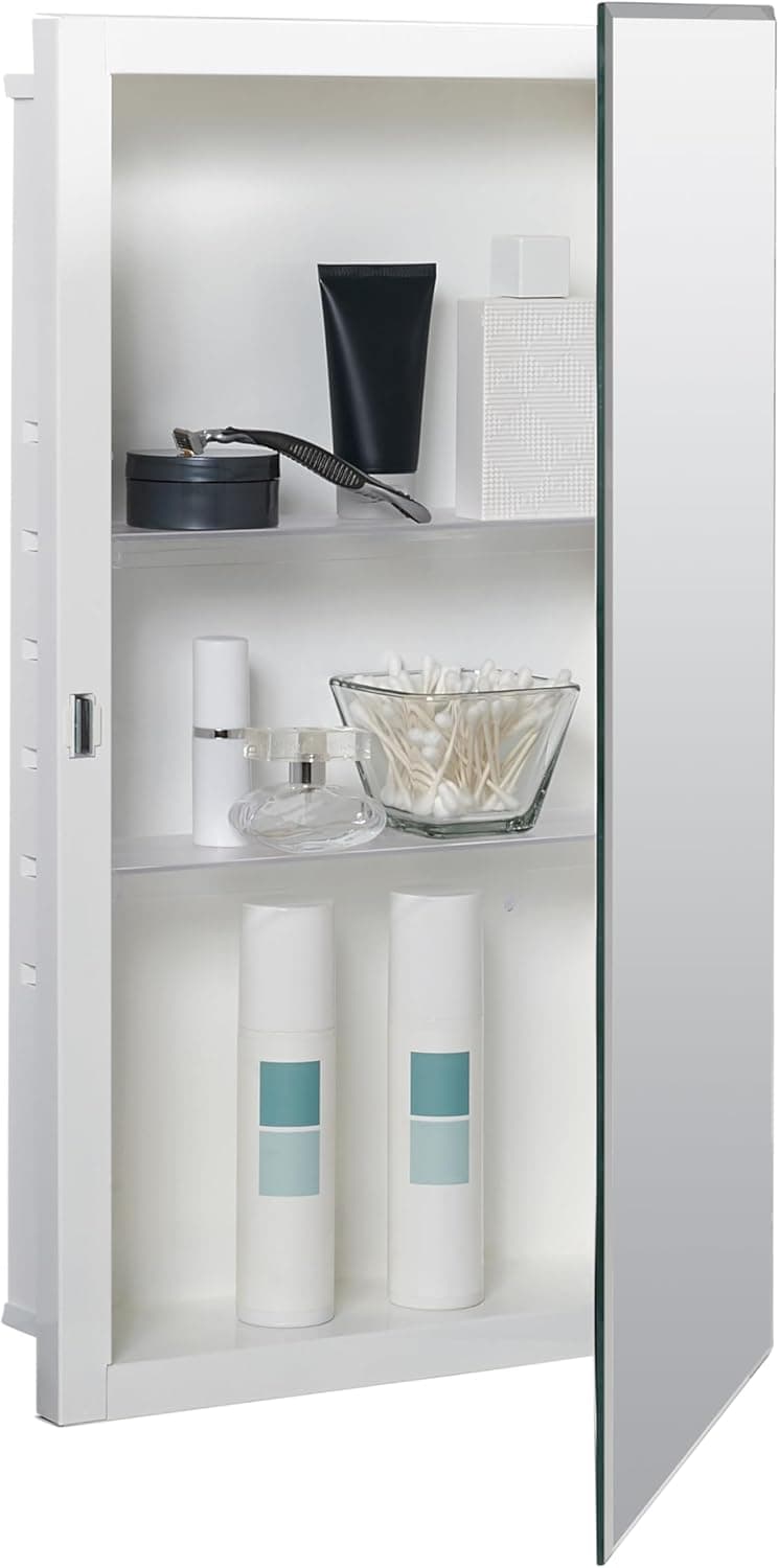 Zenna Home Bathroom Medicine Cabinet with Mirror, Frameless Bathroom Wall Cabinet with 2 Adjustable Shelves, Steel Body, Recessed Installation, 16 x 26 Inches