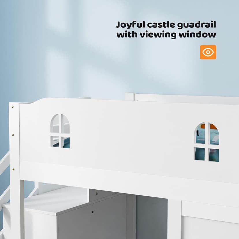 JOYMOR Low Loft Bed with Led Light, Loft Bed Twin Size with Castle Guardrail and Window, Staircase and Book Rack, Smart APP Control,No Box Spring Needed (White with Staircase)