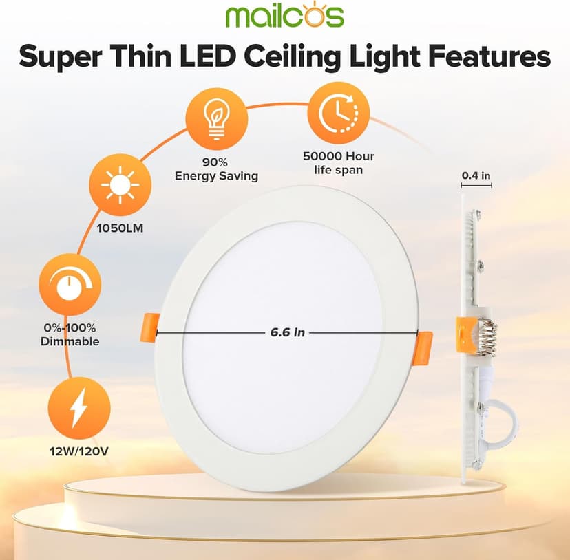 MAILCOS 12 Pack 6 Inch 5CCT Ultra-Thin LED Recessed Ceiling Light with Junction Box, 2700K-5000K Selectable, 1050LM High Brightness, Dimmable Canless Wafer Downlight, 12W 120V, ETL