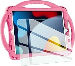 TopEsct Kids Case for iPad 10.2 inch - Shockproof Silicone Cover with Tempered Glass Screen Protector and Strap - Compatible with iPad 9th/8th/7th Gen (2021)" (Pink)