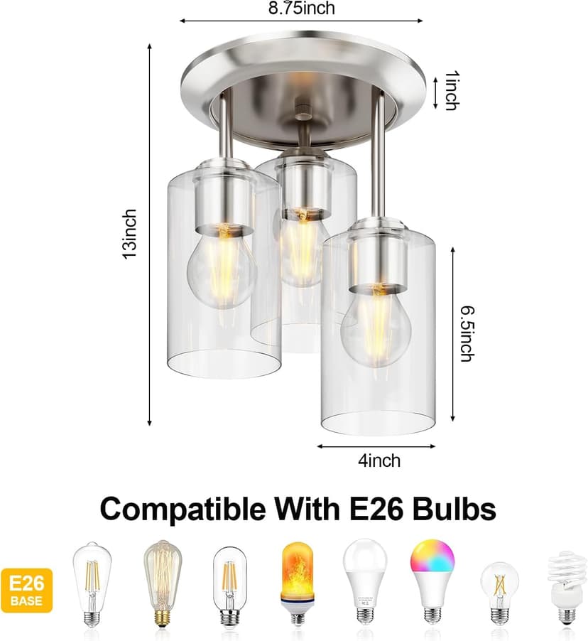 Kalium 3-Lights Semi Flush Mount Ceiling Light Fixture, Farmhouse Light Fixtures, Ceiling Light Decor for Kitchen, Foyer, Entryway, Brushed Nickel with Clear Glass Shade.
