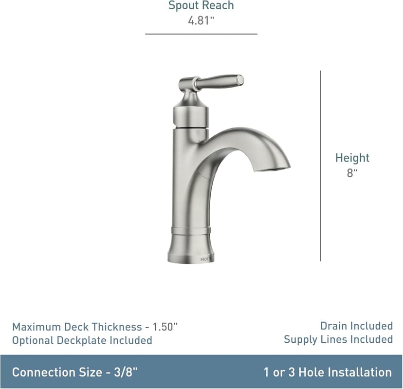 Moen Halle Spot Resist Brushed Nickel One-Handle Single Hole Bathroom Sink Faucet with Optional Deckplate, 84970SRN