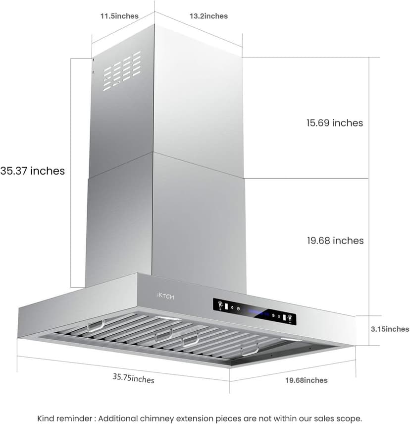 IKTCH 36-Inch Wall Mount Range Hood, 900 CFM Ducted Vent Hood with 4-Speed Fan, Gesture Sensing & Touch Control, Stainless Steel Kitchen Chimney Vent with Adjustable LED Lights