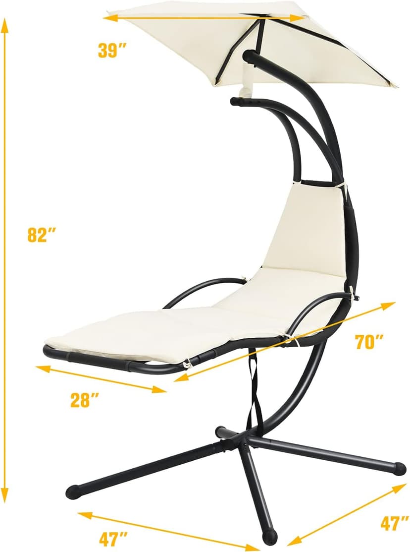 Giantex Outdoor Hanging Chaise Lounge Chair, Patio Hammock Chair with Removable Canopy, Cushion & Anti-toppling Rope, Hanging Arc Chaise Hammock for Patio Poolside Backyard Garden Porch (Beige)