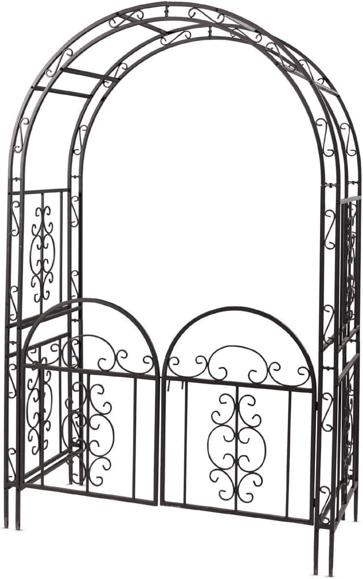 Plow & Hearth Arch Metal Outdoor Garden Arbor Double Gate | Montebello | 7 Feet Tall | Gunmetal Black | Trellis Lattice Climbing Plants