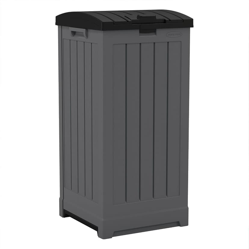 Suncast Trash Hideaway 39 Gallon Outdoor Trash Can Patio or Deck Waste Bin with Latching Lid, Liquid Tray, Handles, and Trash Bag Holder, Peppercorn