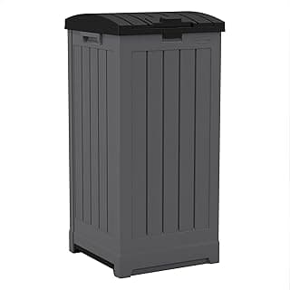 Suncast Trash Hideaway 39 Gallon Outdoor Trash Can Patio or Deck Waste Bin with Latching Lid, Liquid Tray, Handles, and Trash Bag Holder, Peppercorn