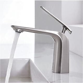 TOCALOCA 1 Handle Bathroom Faucet Brushed Nickel Sink Faucet, One Hole Bathroom Sink Faucet Modern Basin Mixer Taps, Premium Brass Vanity Faucet with Water Supply Hose