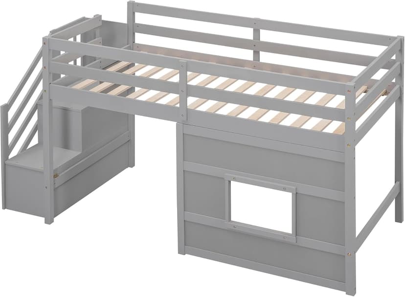 SOFTSEA Low Loft Bed with Stairs, Twin Size Loft Bed with Storage Staircase and Window, Kids Low Loft Bed Frame with Playhouse for Teens Juniors, No Box Spring Needed, Grey