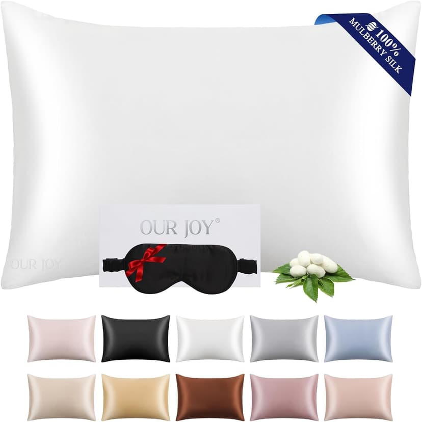 100% Mulberry Silk Pillowcase 22 Momme (SGS Certified) with Free Silk Eye Mask - Luxury Gift-Ready Folded Packaging, Cooling Pillow Cover for Hair & Skin Care (White, Standard (1 Pack))