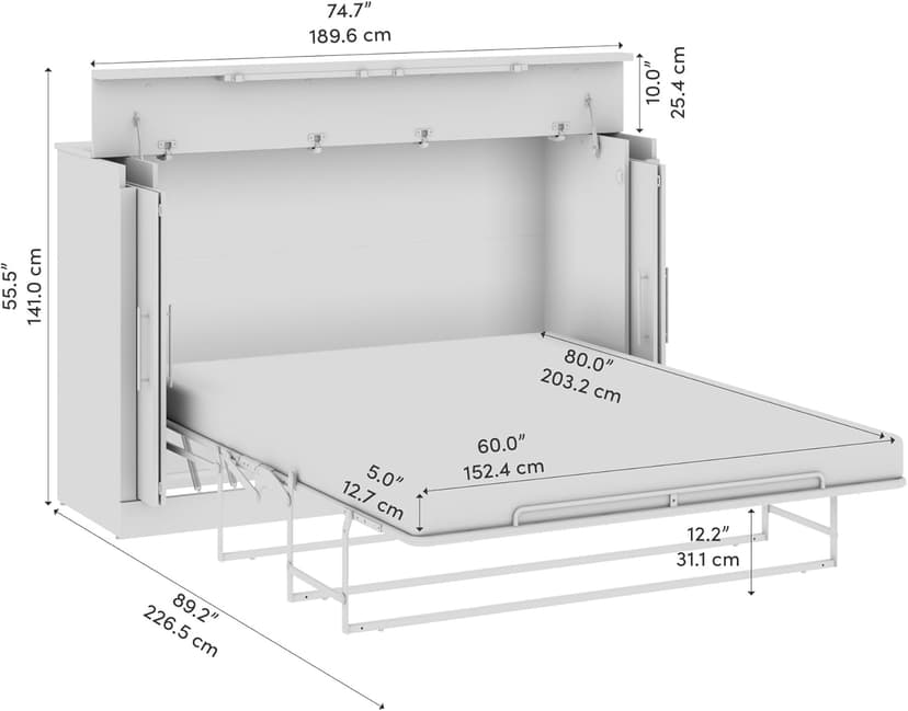 Bestar Nebula 75W Queen Size Murphy Cabinet Bed with Mattress in White, 75-inch Space-Saving Sleeping Arrangement for Multipurpose Guest Room or Home Office