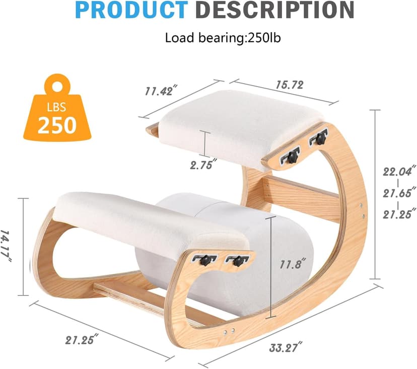 Adjustable Kneeling Chair, Wooden Ergonomic Chair Knee Chair Posture Chair - Improve Your Posture with an Angled Seat for Home,Office (Wood Color+ Pads)