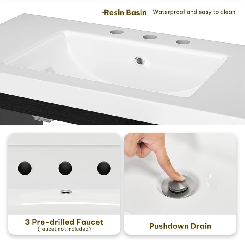 DWVO 42 Inch Bathroom Vanity with Sink Combo, Modern Bathroom Storage Cabinet with Resin Basin, Three Holes, 2 Doors & 3 Drawers, Black