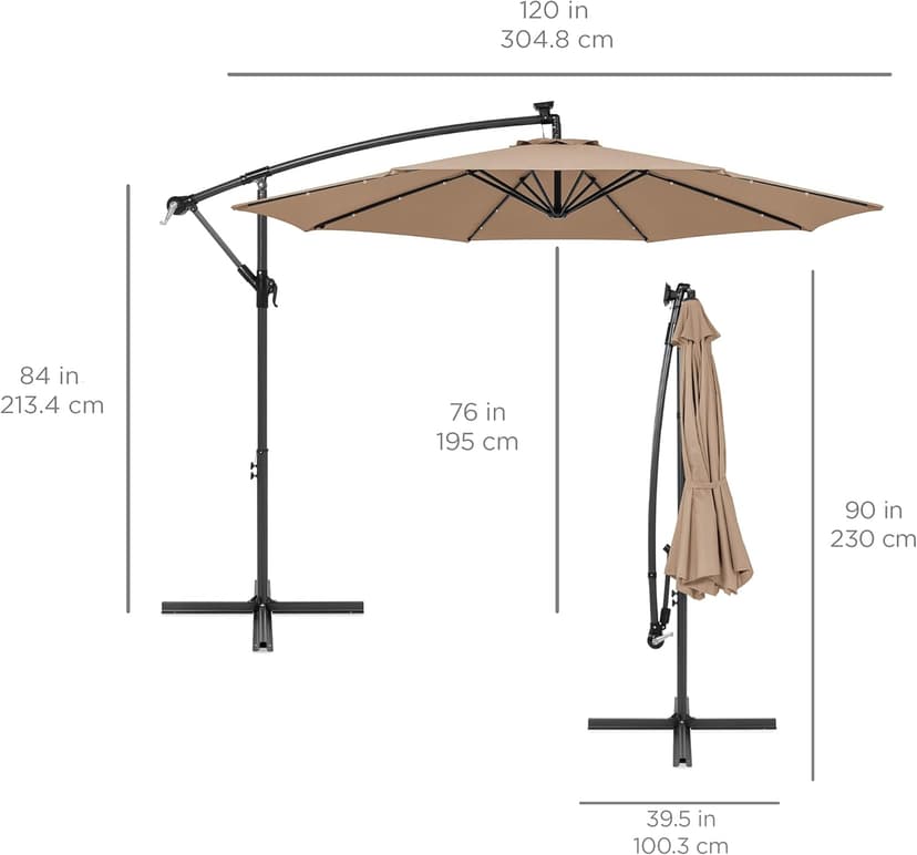Best Choice Products 10ft Solar LED Offset Hanging Market Patio Umbrella for Backyard, Poolside, Lawn and Garden w/Easy Tilt Adjustment, Polyester Shade, 8 Ribs - Tan