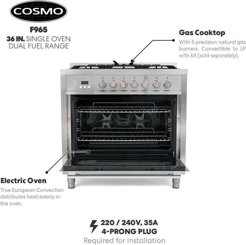 COSMO F965 36 in. Stellar Collection 3.8 cu. ft. Dual Fuel Range, 5 Sealed Burners, 8 Function Convection Oven in Stainless Steel