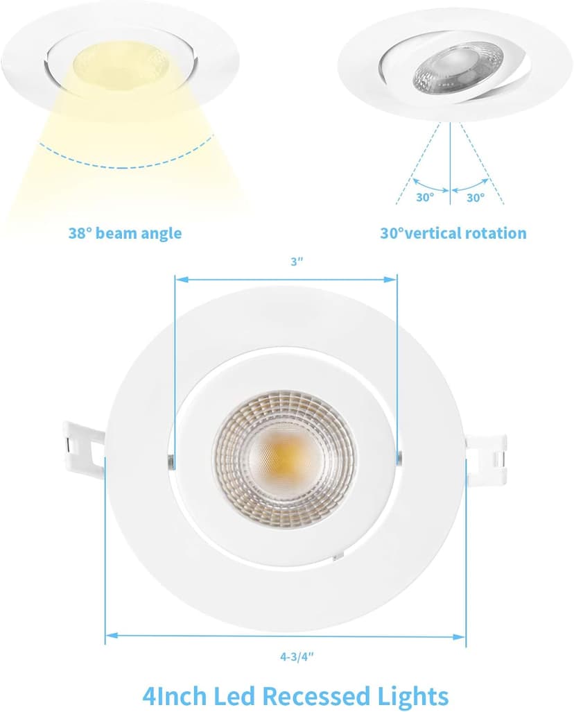 16 Pack Led Recessed Light 4 Inch,Adjustable Eyeball Gimbal, LED Recessed Lighting with Junction Box 9 Watts 750Lm Dimmable Ceiling Light ETL Listed (2700K/3000K/3500K/4000K/5000K Option)