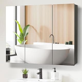Movo 40 Inch x 28 Inch Black Bathroom Mirror Medicine Cabinet, Frameless Large Wall Mount Medicine Cabinet with 3 Doors,Rmovable Shelves