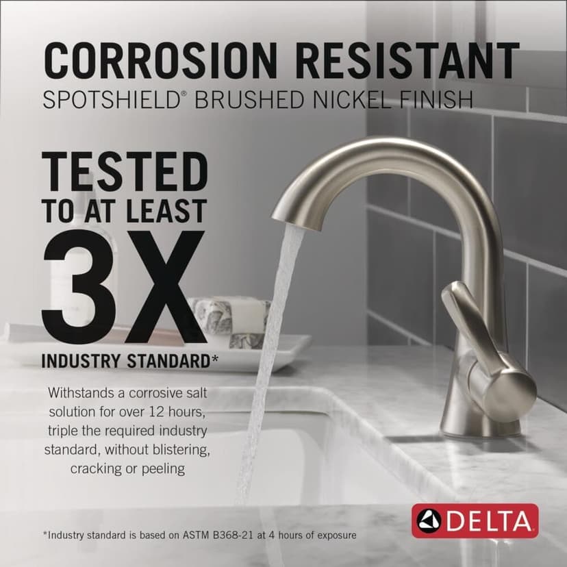 Delta Esato Brushed Nickel Bathroom Faucet 1 Hole, Single Hole Bathroom Sink Faucet for Vanity, Push-Pop Drain Assembly, SpotShield Brushed Nickel 15897LF-SP
