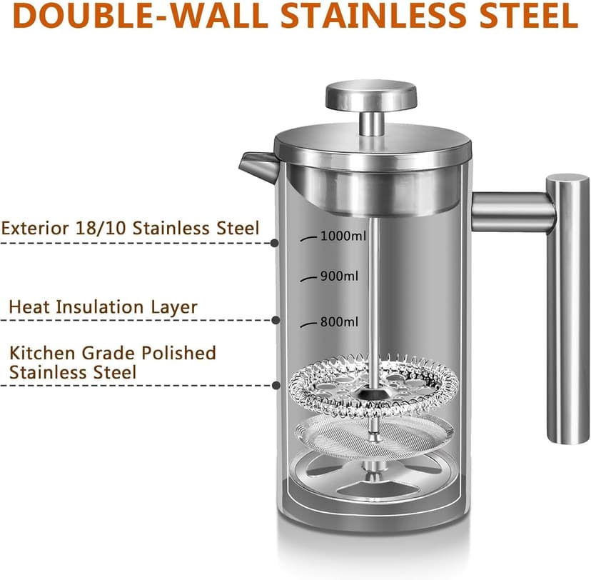 French Press Coffee Maker 50oz, 304 Stainless Steel Double Wall Insulated, Portable Coffee Press for Camping, Backpacking, Kitchen, Gift Set with Stainless Steel Filter - Silver