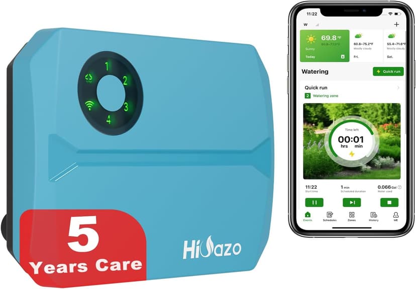 Smart Sprinklers Controller WiFi, Irrigation Controller Easy Use App Enabled, 4 Zone + 16 Plans, Save Water Auto Skin Rain, Freeze & Wind, 10 Minutes Install