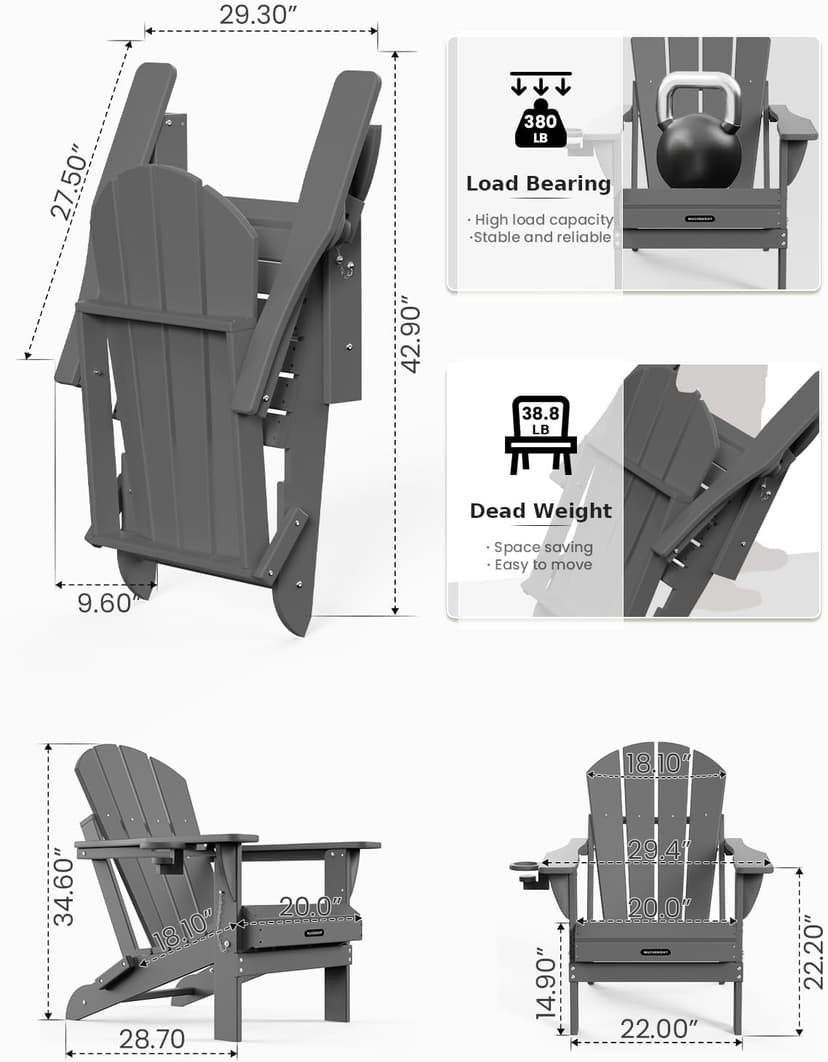 MUCHENGHY Folding Adirondack Chairs HDPE Weather Resistant 4 Pack, Patio Firepit Chairs, Sturdy Outside Chairs, Lawn Chairs, 15min Assembly 380lb Grey