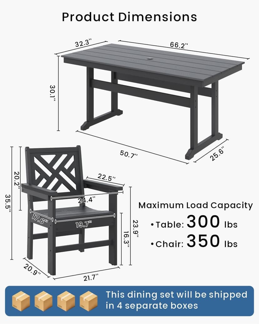 7-Piece Outdoor Dining Set, HDPE All-Weather Patio Table and Chairs Set for 6, Outdoor Patio Furniture Sets with Umbrella Hole for Outside, Deck, Backyard, Garden (Black)
