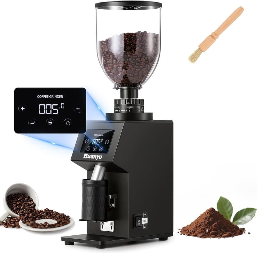 Huanyu Commercial Coffee Grinder with 64mm Flat Burr Anti-Flying Grounds Outlet 26oz Lotus Hopper 8 Stepless Settings Electric Coffee Grinders with Smart Touchscreen for Cafés Restaurants