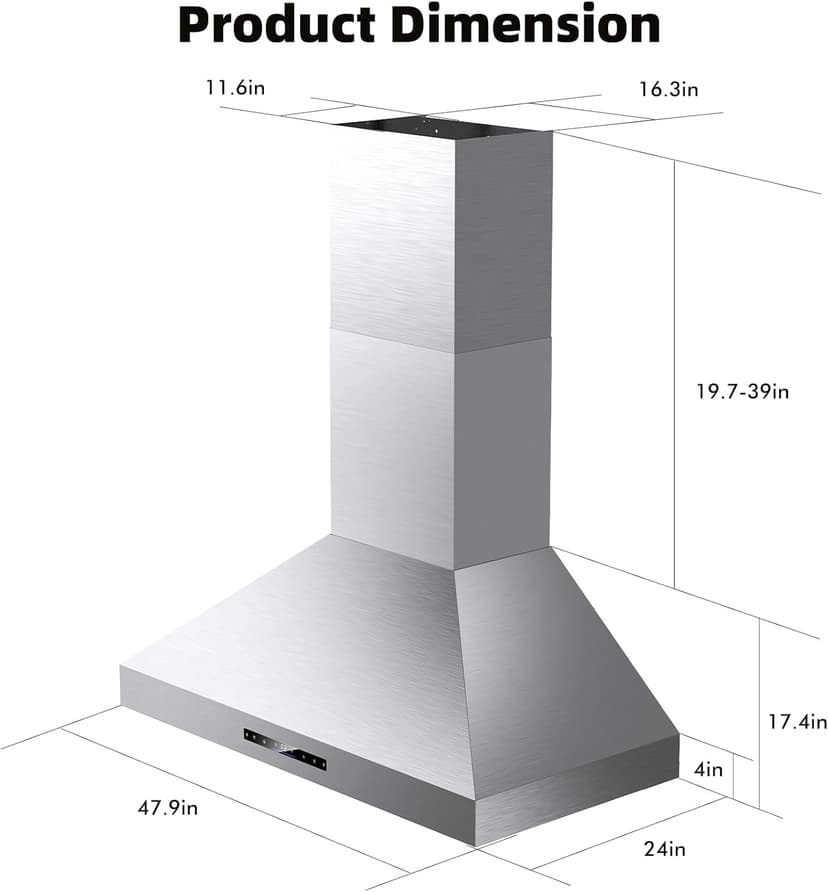 Wall Mount Range Hood 48 inch, 1200 CFM Kitchen Vent Hood, Stainless Steel Filters,4 Speed Gesture Sensing&Touch Control Panel, Stainless Steel Kitchen Vent