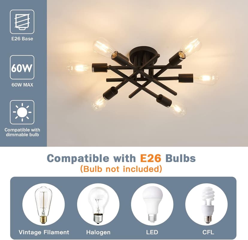 ASGYISA Semi Flush Mount Modern Ceiling Light Fixture， 6 Lights Black Vintage Matte Sputnik Chandelier Ceiling Lamp with E26 Bulb Base for Farmhouse Dining Room Living Room Bedroom Study Kitchen