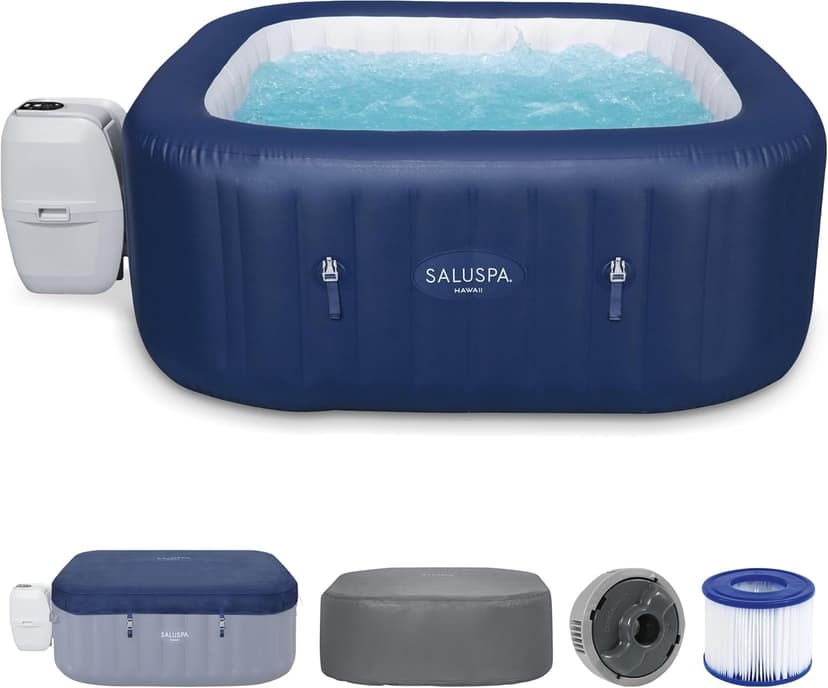 Bestway SaluSpa Hawaii AirJet 4 to 6 Person Inflatable Hot Tub Square Portable Outdoor Spa with 140 AirJets and EnergySense Energy Saving Cover, Blue