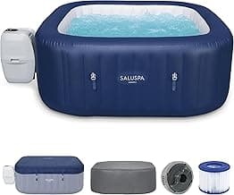 Bestway SaluSpa Hawaii AirJet 4 to 6 Person Inflatable Hot Tub Square Portable Outdoor Spa with 140 AirJets and EnergySense Energy Saving Cover, Blue