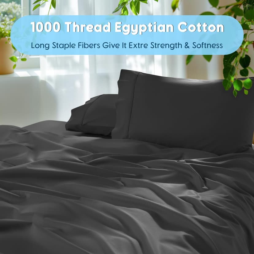 SONORO KATE 100% Egyptian Cotton Sheets Set - 1000 High Thread Count, Luxury 5-Star Hotel Sateen Bed Sheets, Soft, Breathable Long Staple Sheets, Fit up to 16" - 4 PC (Black,Queen)