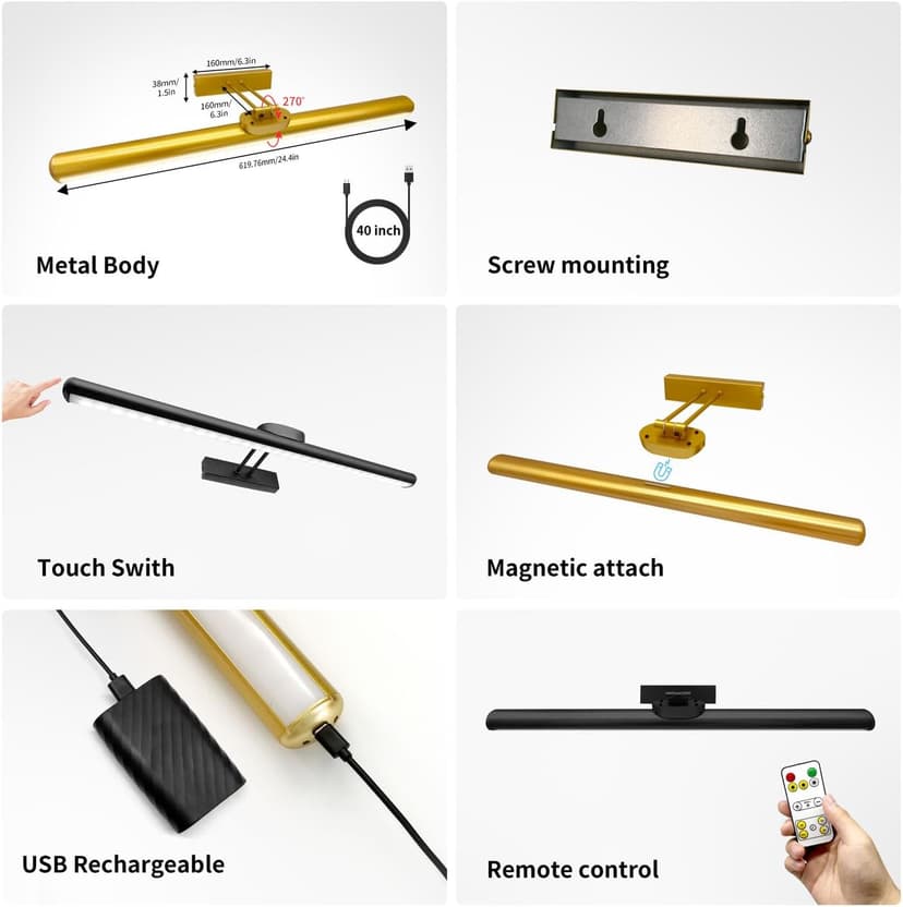 24.4" Wireless Picture Lights, Rechargeable Battery Art Display Light with Remote Control, Dimmable/Timer Off Dartboard Light, 3 Lighting Modes Full Metal Painting Display Lights (Gold-1Pack)