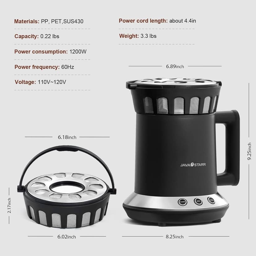 Electric Coffee Roaster Machine for Home Use 1200W,Coffee Bean Roaster Machine for Home Use with Two Optional Baking Modes (Med & Dark),Coffee Roaster Stovetop,110v~120V