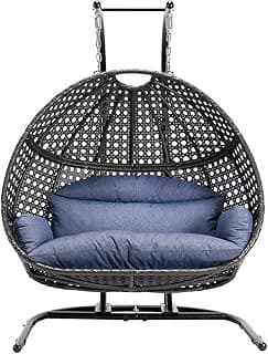 Double Egg Chair with Stand, 2 Person Heavy Duty Hanging Wicker Rattan Swinging Chair Hammock Nest Chair for Indoor Outdoor Patio Lounger Swinging Loveseat Perfect for Balcony Garden - Dust Blue