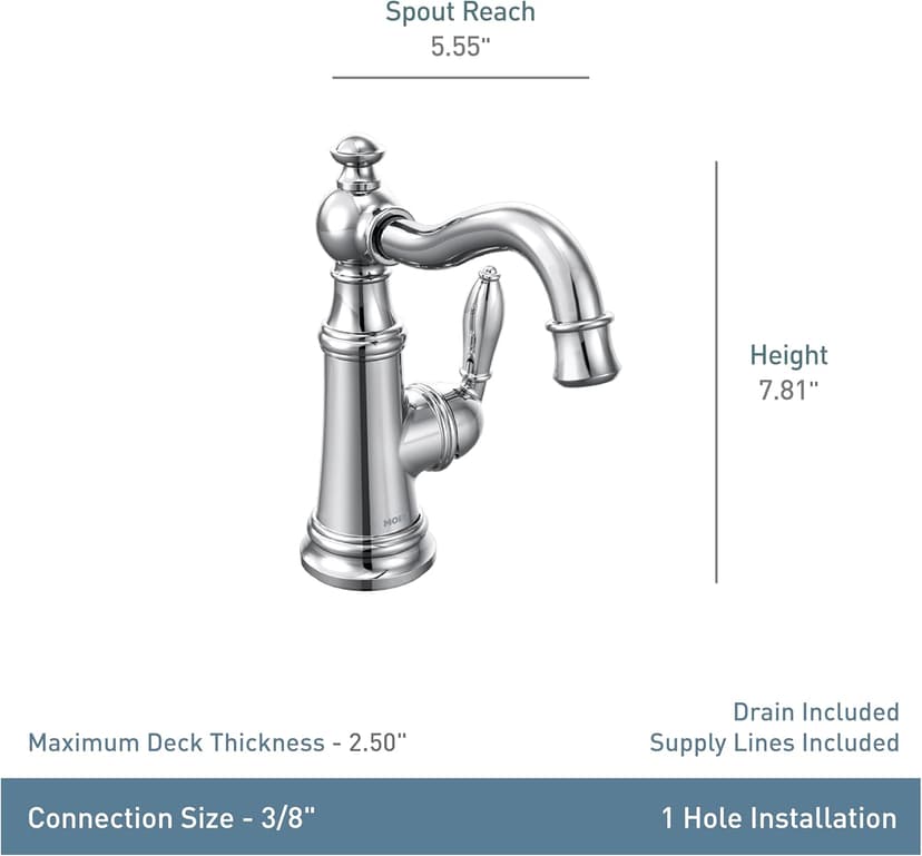 Moen S42107 Weymouth One-Handle Single Hole Traditional Bathroom Sink Faucet with Drain Assembly, Chrome