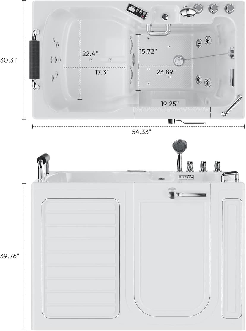 Empava Walk In Tub for Seniors,54" x 30'' Right Drain,12 Air & 13 Whirlpool Massage Jets Bathtub,with built-in Heater,2 Safety Handrail,19.25" Wide Right Outswing Door,Slip-Resistant Floor,Acrylic