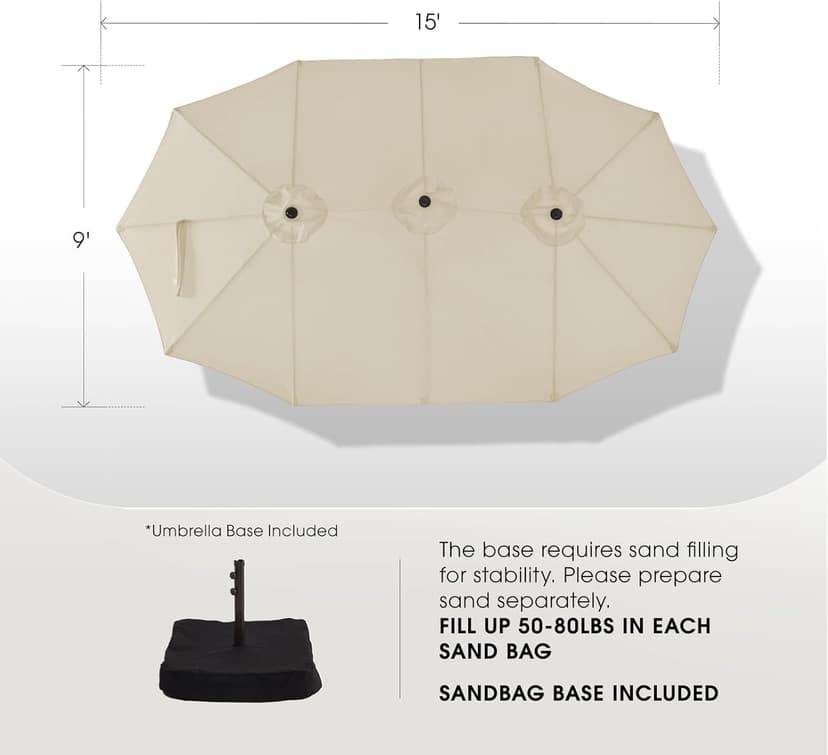 wikiwiki 15ft Large Patio Umbrellas with Base Included, Outdoor Double-Sided Umbrella with Crank Handle, Powerful UV Protective, for Pool Lawn Garden, Beige