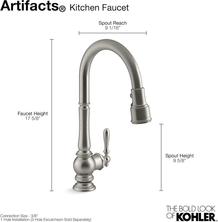 KOHLER K-99259-CP Artifacts Single-Hole Kitchen Sink Faucet with 17-5/8-Inch Pull-Down Spout, 3-Function Sprayhead, and Turned Lever Handle, Polished Chrome