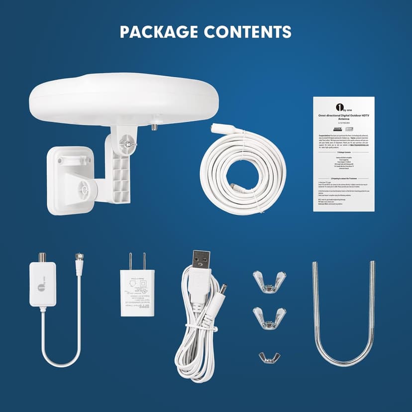 1byone Outdoor TV Antenna 360° Omni-Directional Reception Long 100+ Miles Range Enhance VHF&UHF 4K Ready HDTV Antenna with Added Stability for Outdoor/Attic/RV Use - 39ft RG6 Coax Cable