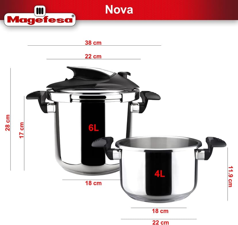 Magefesa Nova 4.2 Qt Stovetop Pressure Cooker – Fast Cooking, Easy Locking, 18/10 Stainless Steel, Induction Compatible, 5 Safety Features, 11.6 PSI