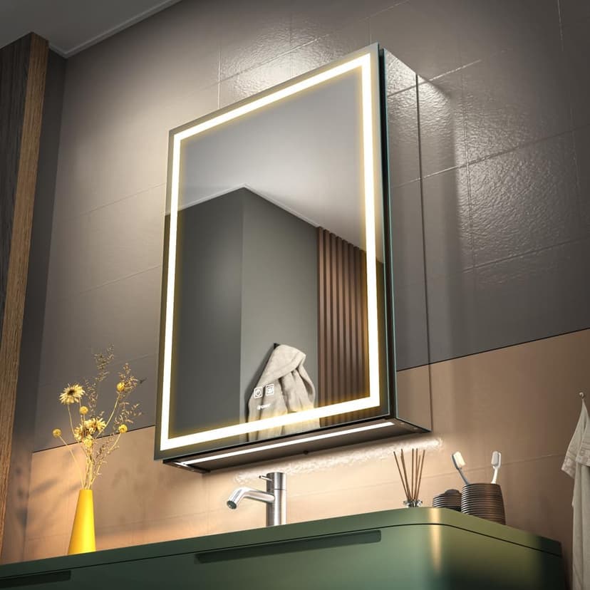 LED Lighted Bathroom Medicine Mirror Cabinet with Sockets & USBs, Anti-Fog Dimmable Light and Color Adjustment, Antirust and Easy to Install Aluminum Cabinet (20 * 28 inch)