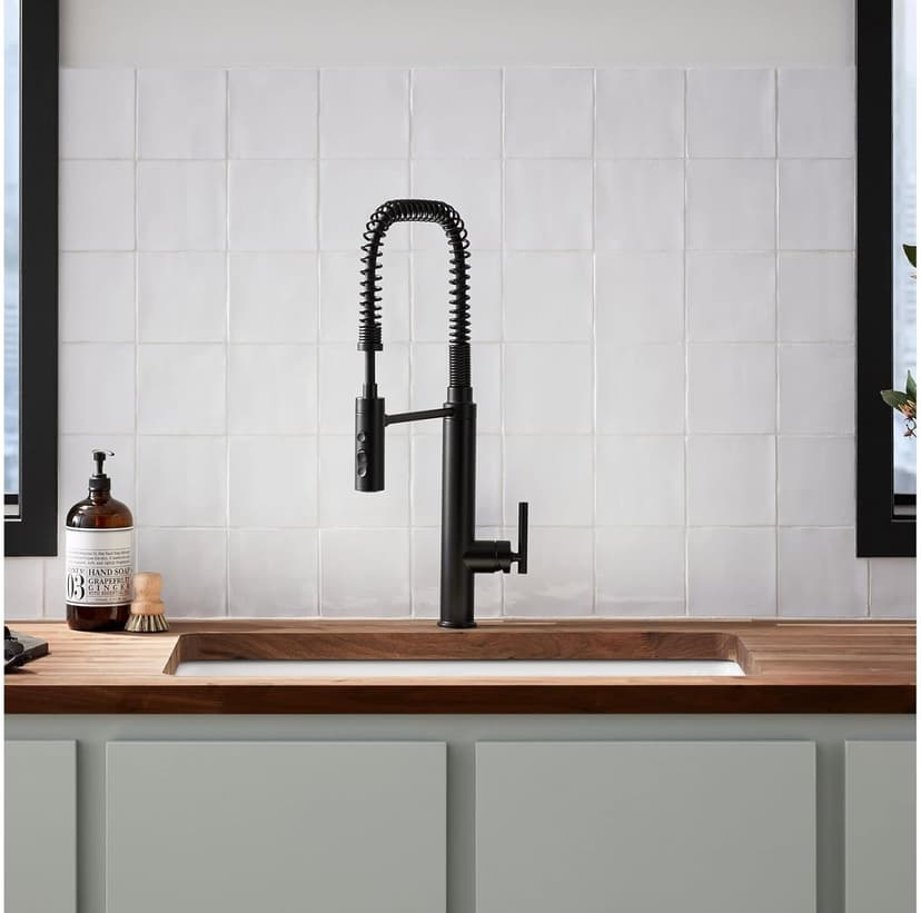 KOHLER 24982-BL Purist Commercial Style Pre-Rinse Kitchen Faucet with 3-Function Sprayhead, Kitchen Sink Faucet with Pull Down Sprayer, Matte Black