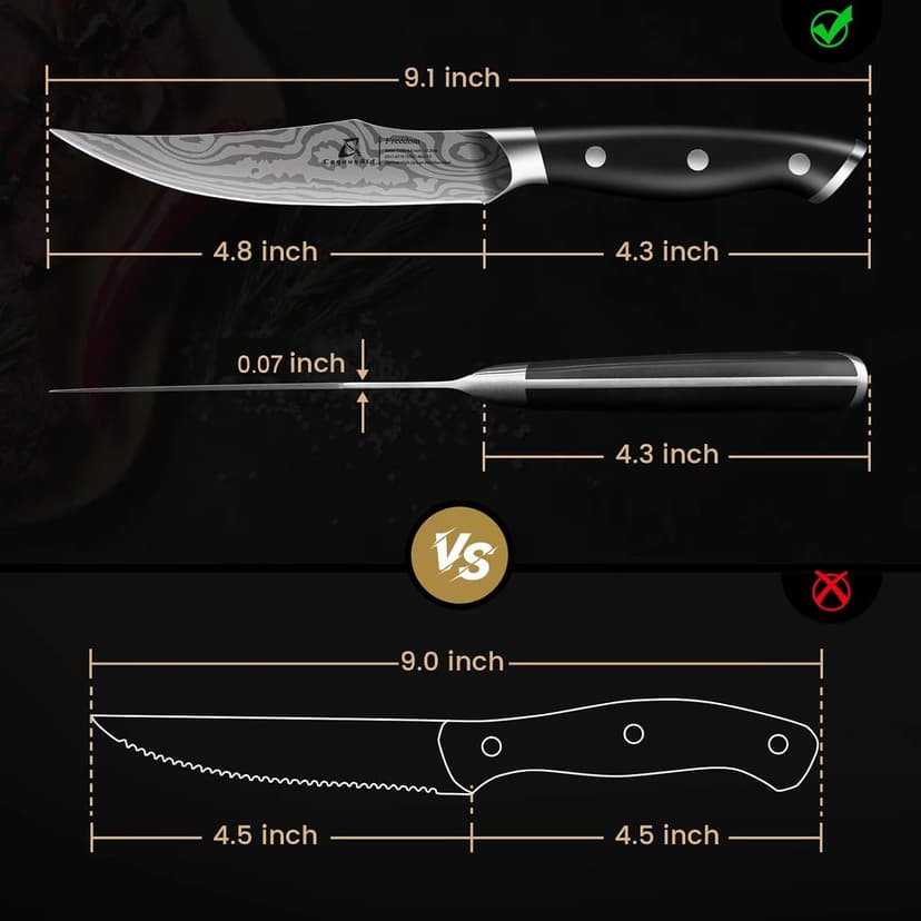 Steak Knives Set of 8, 4.8 Inch Straight Edge Ultra Sharp Durable Meat knives with Rest, High Carbon Stainless Steel Damascus Pattern Triple Rivet Handle, Ideal for Home Restaurant Party