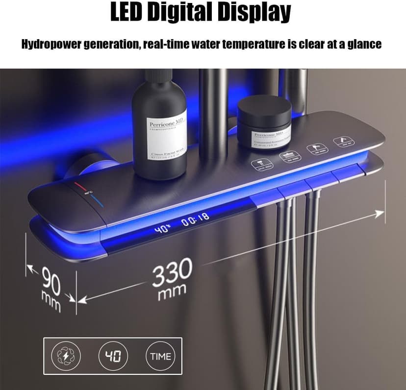 BEITH Thermostatic Shower System, 4 Piano Keys UFO Shower Faucet Set, 31x20cm Square Shower Set, Digital Display, 360° LED Ambient Light, Hydroelectric Power, with Bathtub Faucet (Gun Gray)
