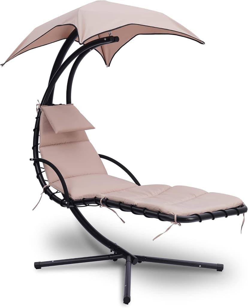 SereneLife Outdoor Hanging Curved Steel Chaise Lounge Swing Chair w/a Built-in Pillow and Removable Canopy UV Protection and Foam Covered Armrest