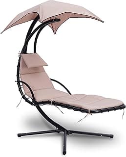 SereneLife Outdoor Hanging Curved Steel Chaise Lounge Swing Chair w/a Built-in Pillow and Removable Canopy UV Protection and Foam Covered Armrest