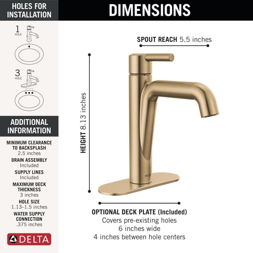 Delta Nicoli Brushed Gold Bathroom Faucet 1 Hole, Single Hole Bathroom Sink Faucet for Vanity, Push-Pop Drain Assembly, Champagne Bronze 15849LF-CZ