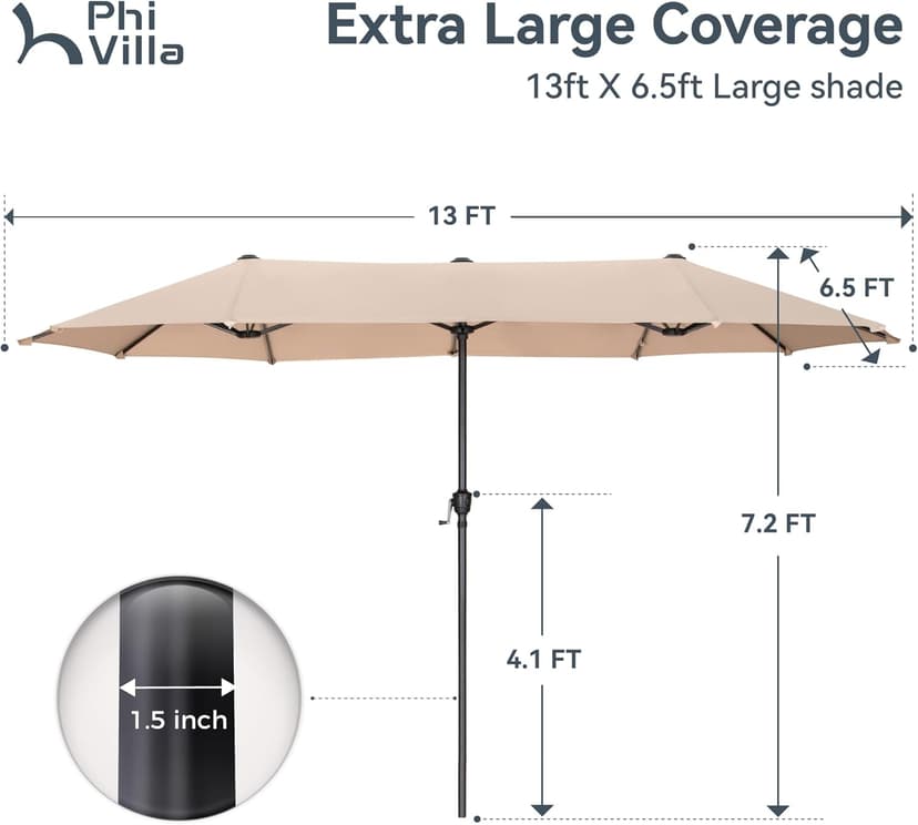PHI VILLA 13ft Large Patio Umbrella Double-Sided Twin Outdoor Market Umbrella with Crank, Beige